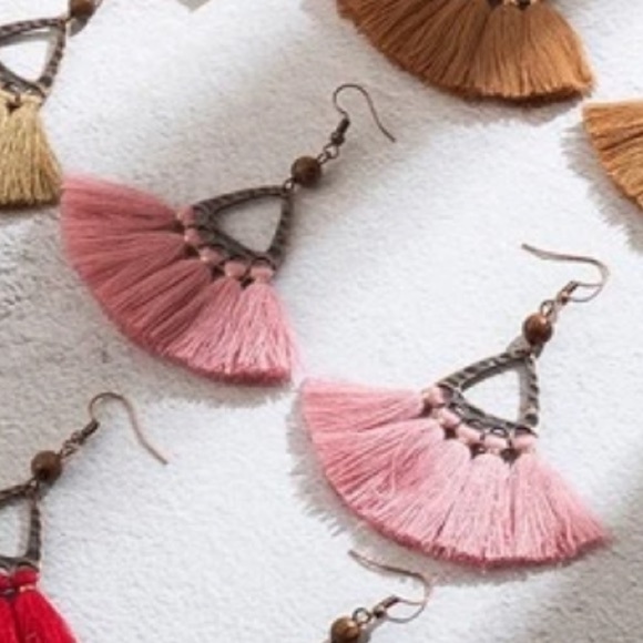 Boho Bronze Fan Shaped Tassel Drop Earrings - Picture 2 of 2
